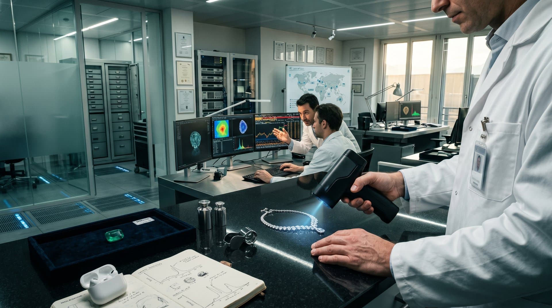 AI spectrometer scans Bulgari necklace with blue laser in Richemont lab; monitors show spectral data amid vaults and Bloomberg terminal (98 chars)