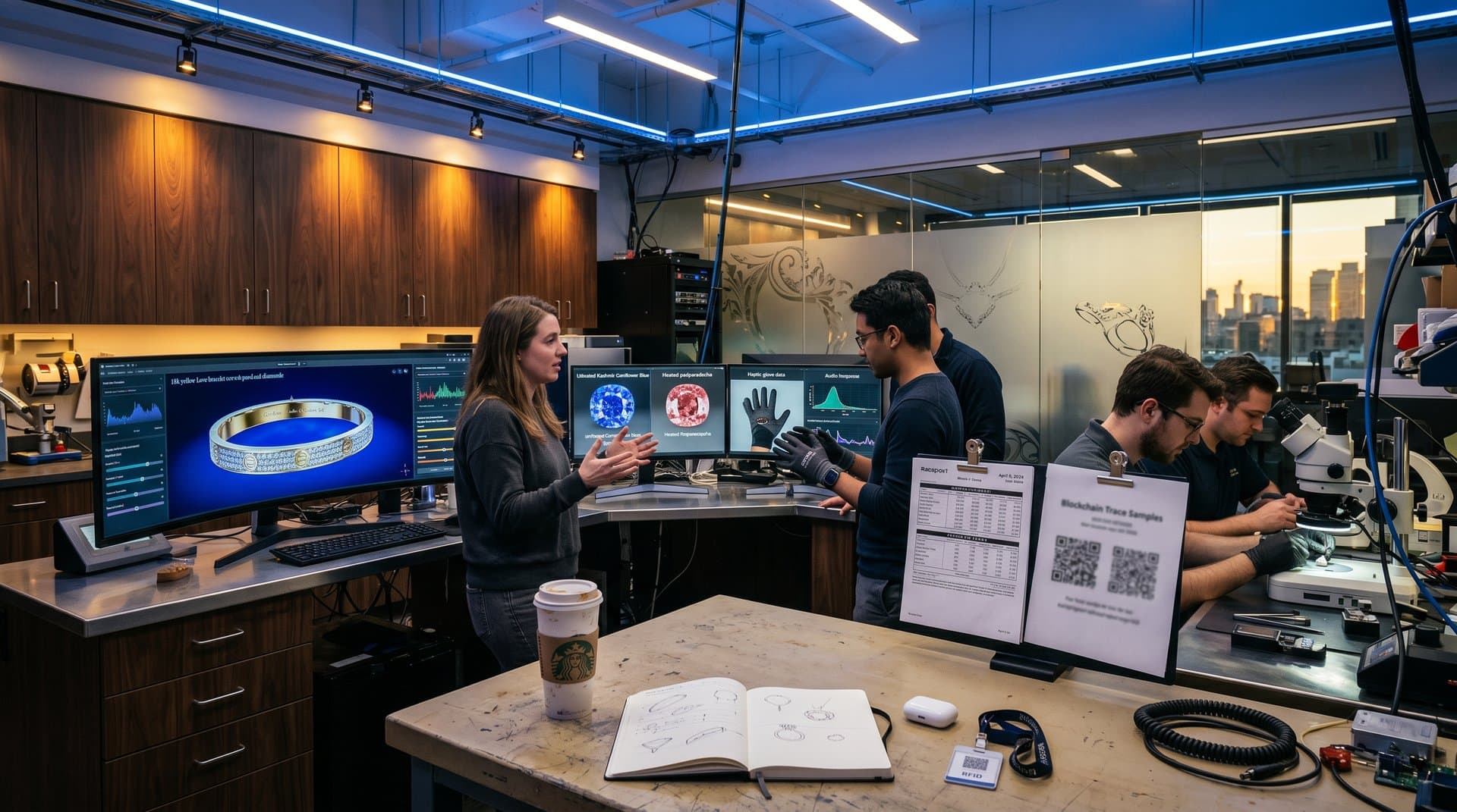 Tech lab engineers test AI accessibility for luxury jewelry AR try-ons on screens with haptic tools and diamond renders