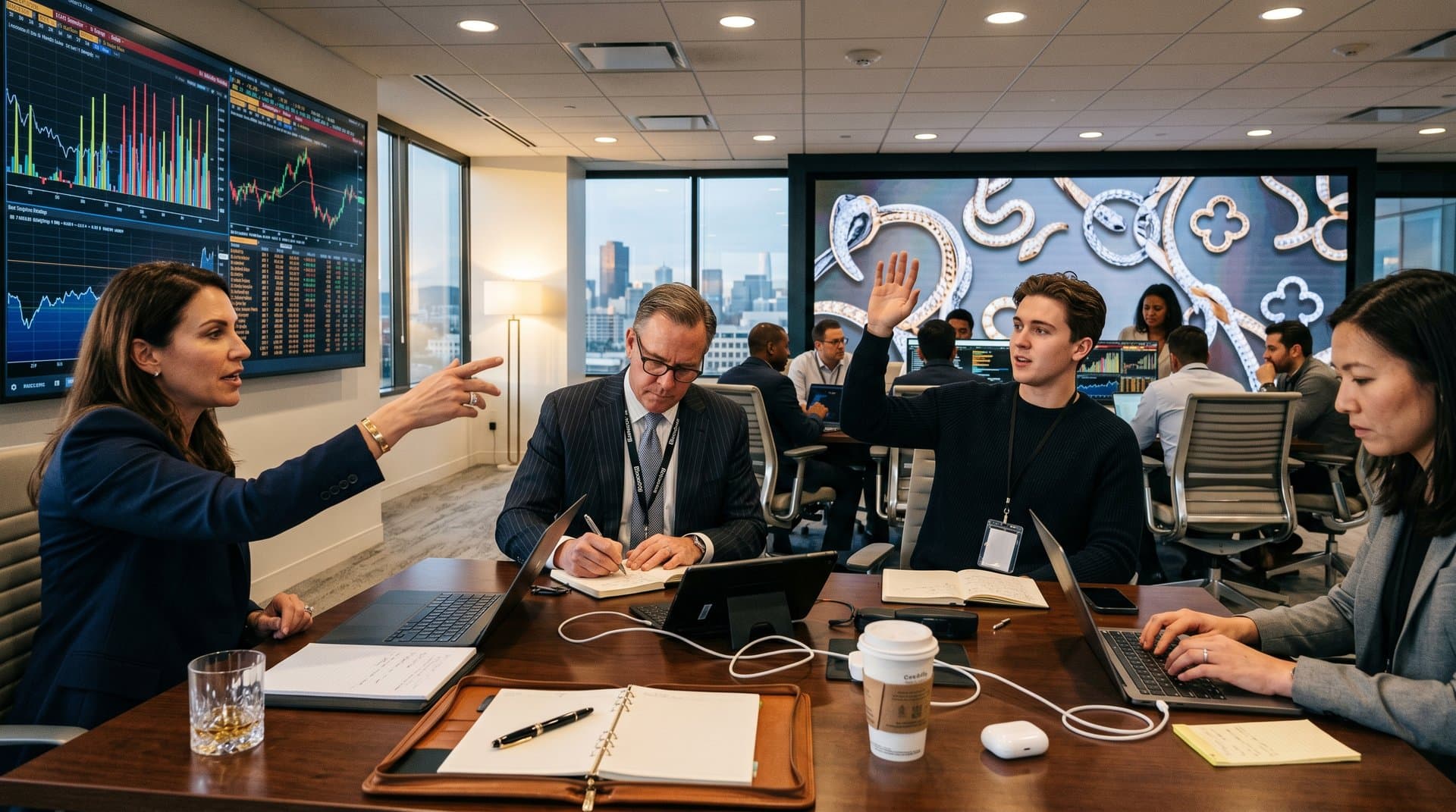 Tech screens show AI IPO surges beside luxury 18k gold jewelry on conference table with Bay Area view
