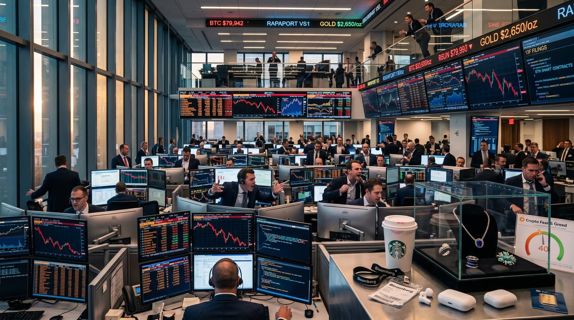 Traders monitor AI sell-off charts and rising luxury jewelry stocks like LVMH and Richemont on multi-screens amid Fear & Greed at 40