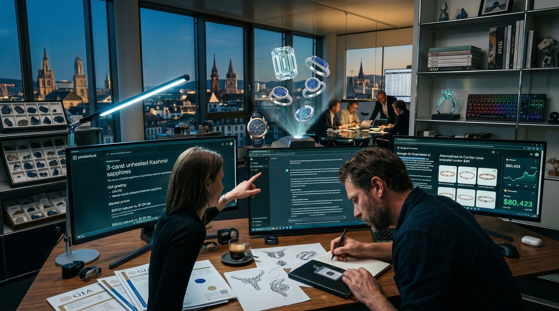 Tech lab screens displaying AI product search results for luxury jewelry including Bulgari necklaces, GIA reports, and gem price tables
