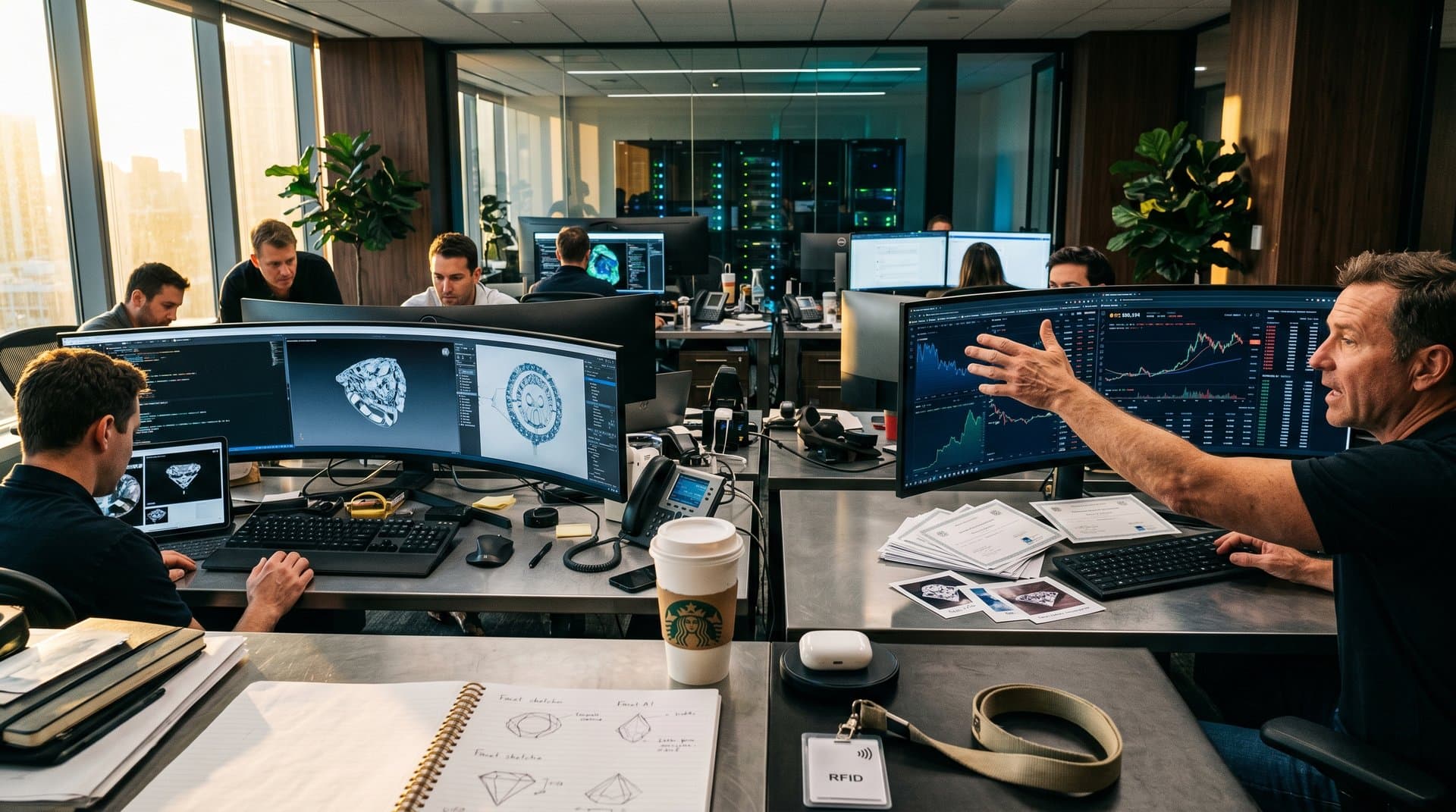 ThredUp AI screens showcase rotating luxury jewelry models like Cartier and Van Cleef amid crypto tickers in high-tech office