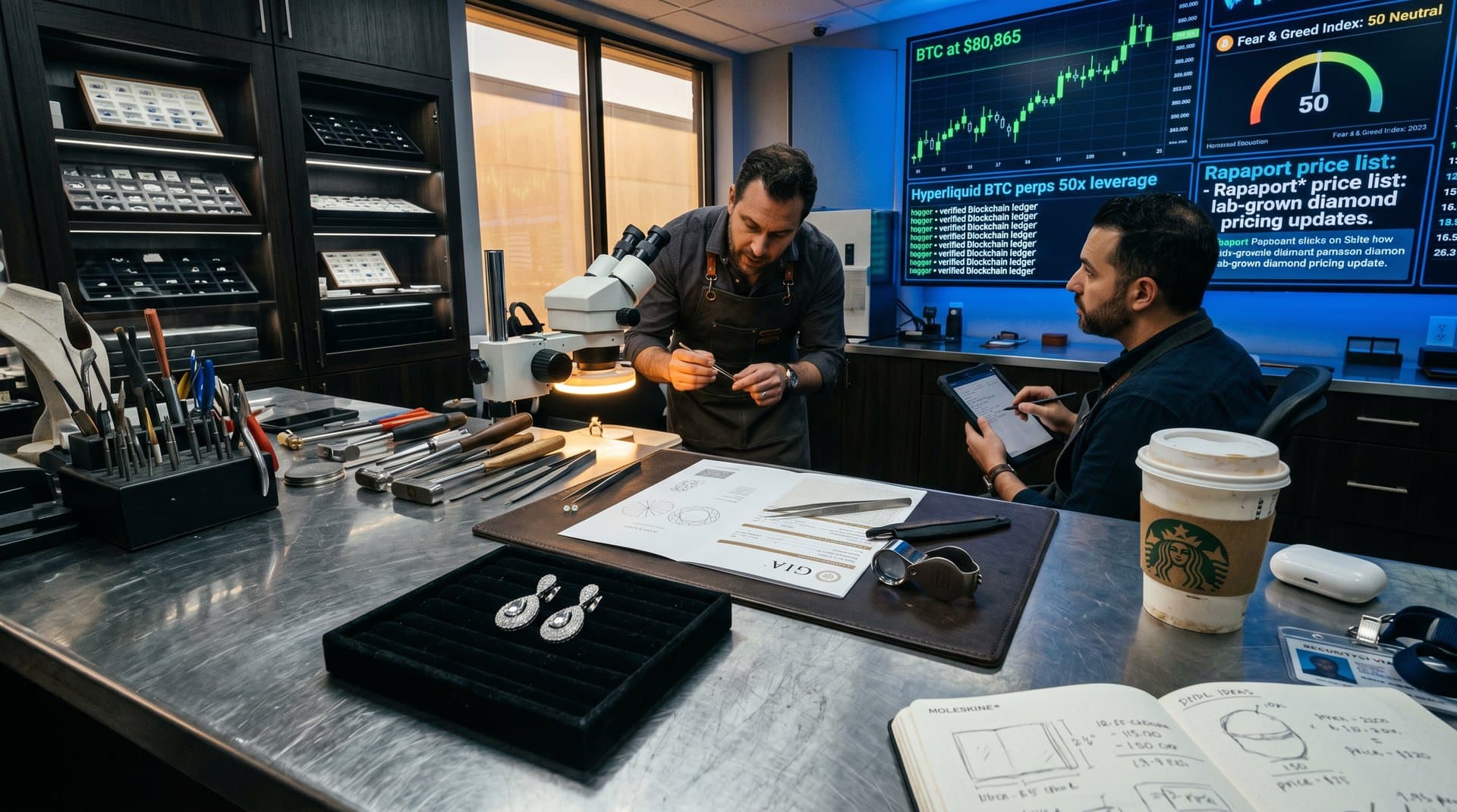 Pavé diamond earrings reflected in BTC $80,865 and Hyperliquid trading screens with blockchain provenance in luxury atelier