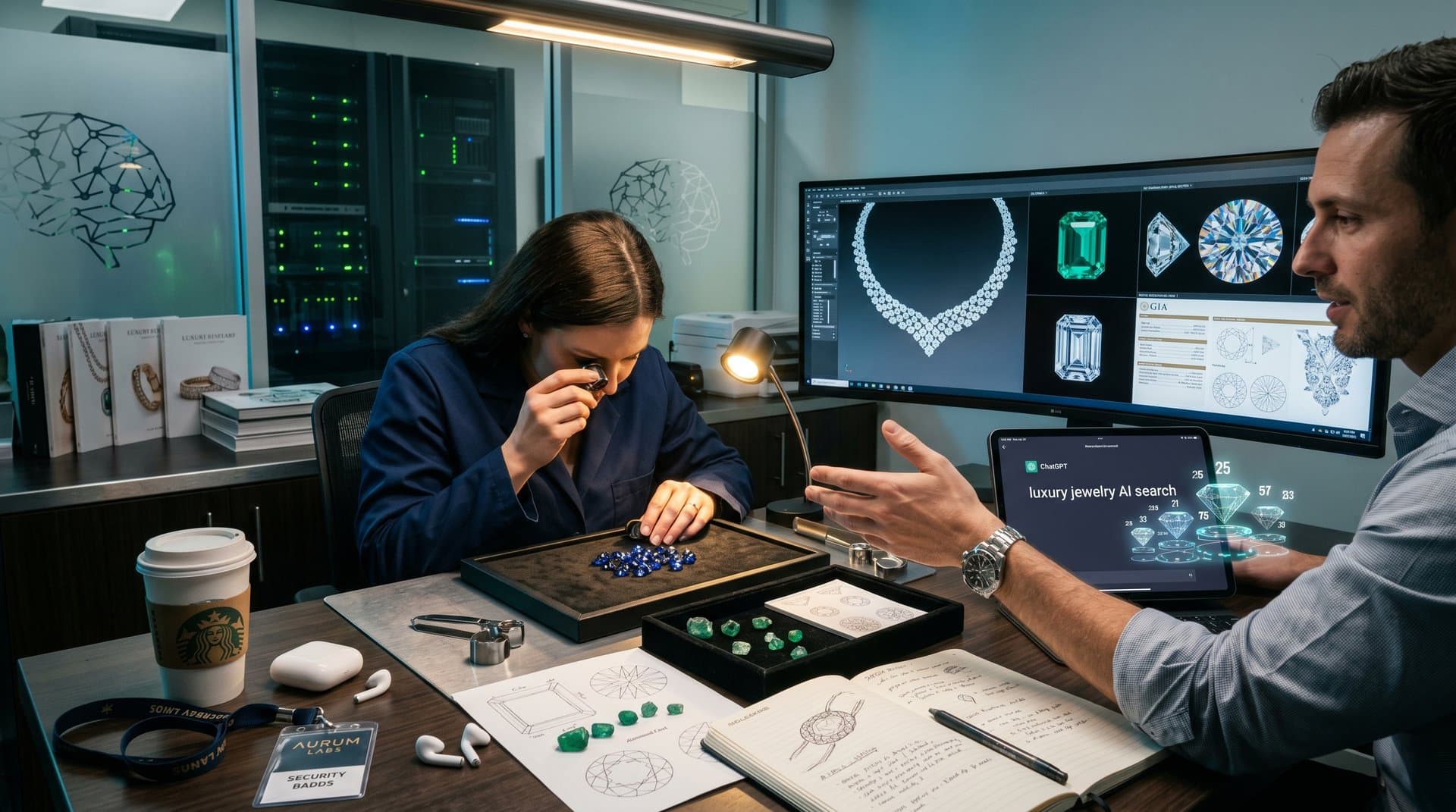 AI screens displaying luxury jewelry 3D renders, gem data, and product search interfaces in a high-tech environment