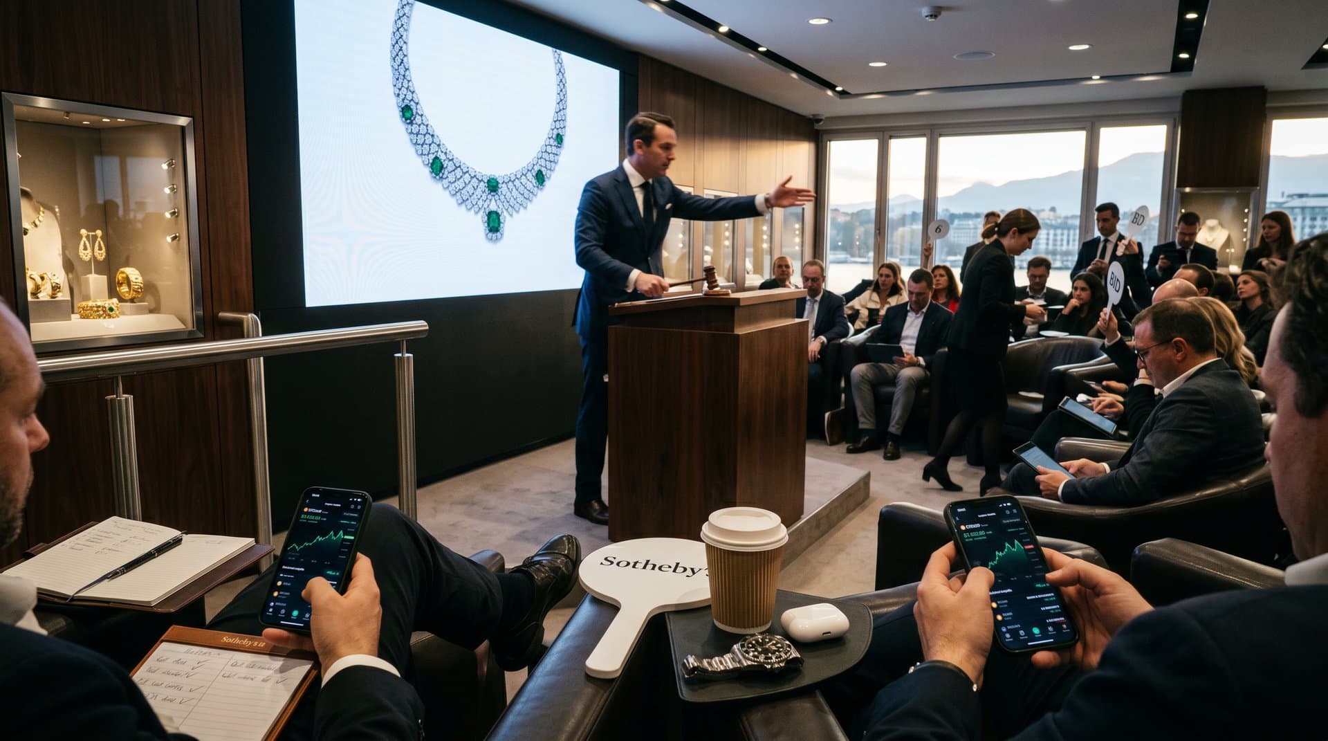 Auctioneer presents Bulgari necklace at Sotheby's Geneva saleroom as bidders check crypto apps amid provenance screens