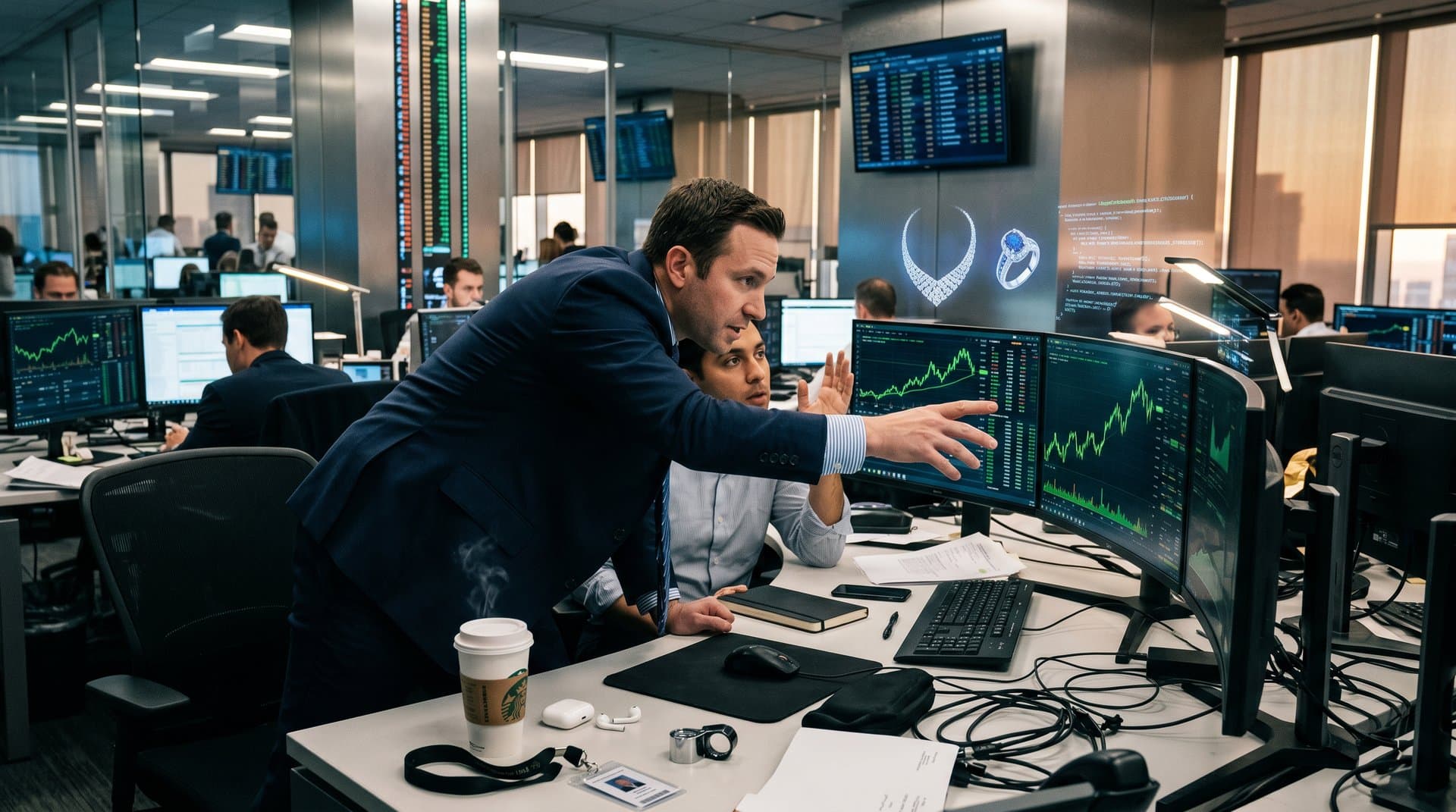 Trading screens show Circle stock surge and USDC data beside holographic luxury jewelry and blockchain visuals