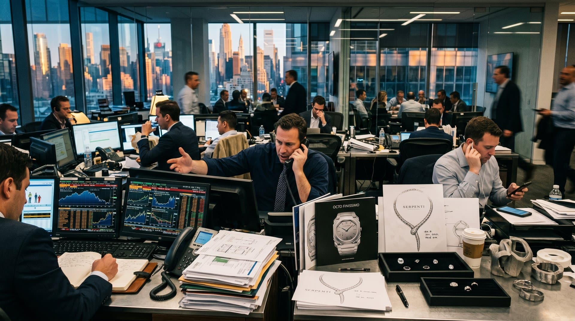 Trading terminal displays Nasdaq AI rally and $81K Bitcoin with LVMH Richemont jewelry reports