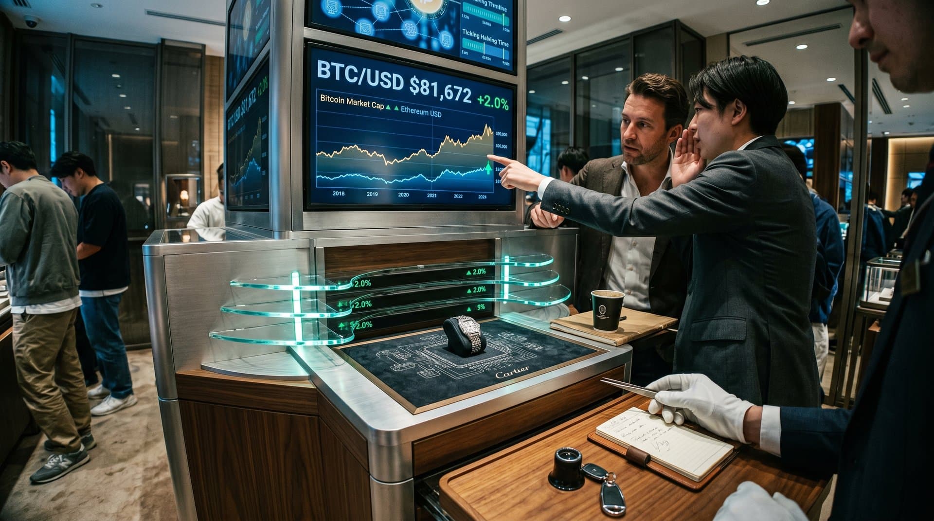 Luxury jewelry case with Cartier watch and holographic Bitcoin charts showing market dominance