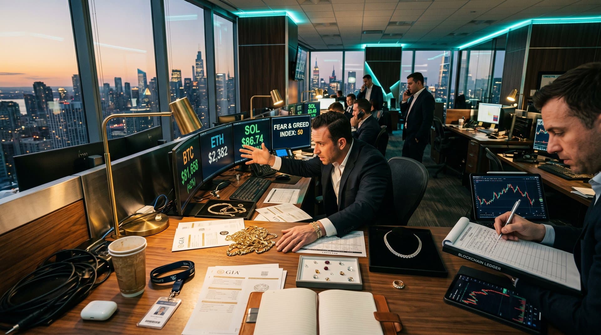 Trading desk with Bitcoin charts at $81k and luxury 18k gold jewelry pieces