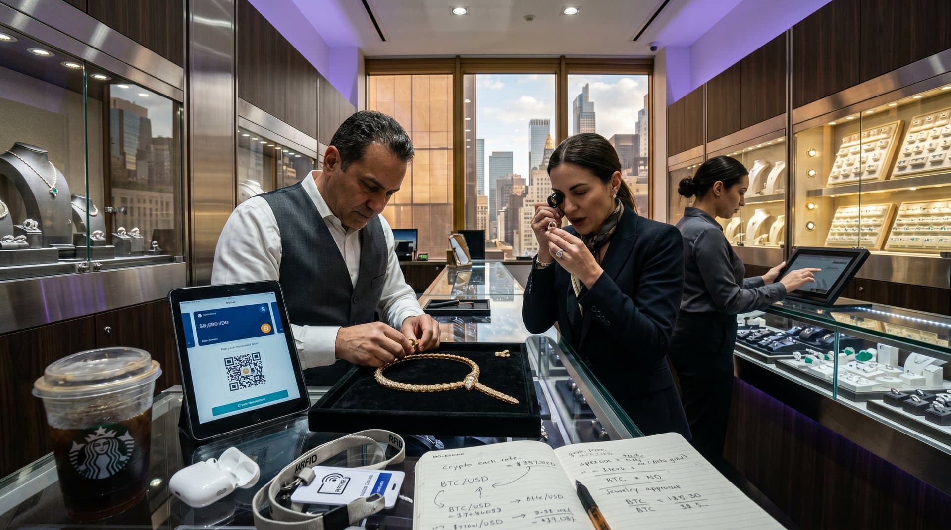 Bulgari Serpenti necklace with crypto payment iPad in luxury jewelry boutique