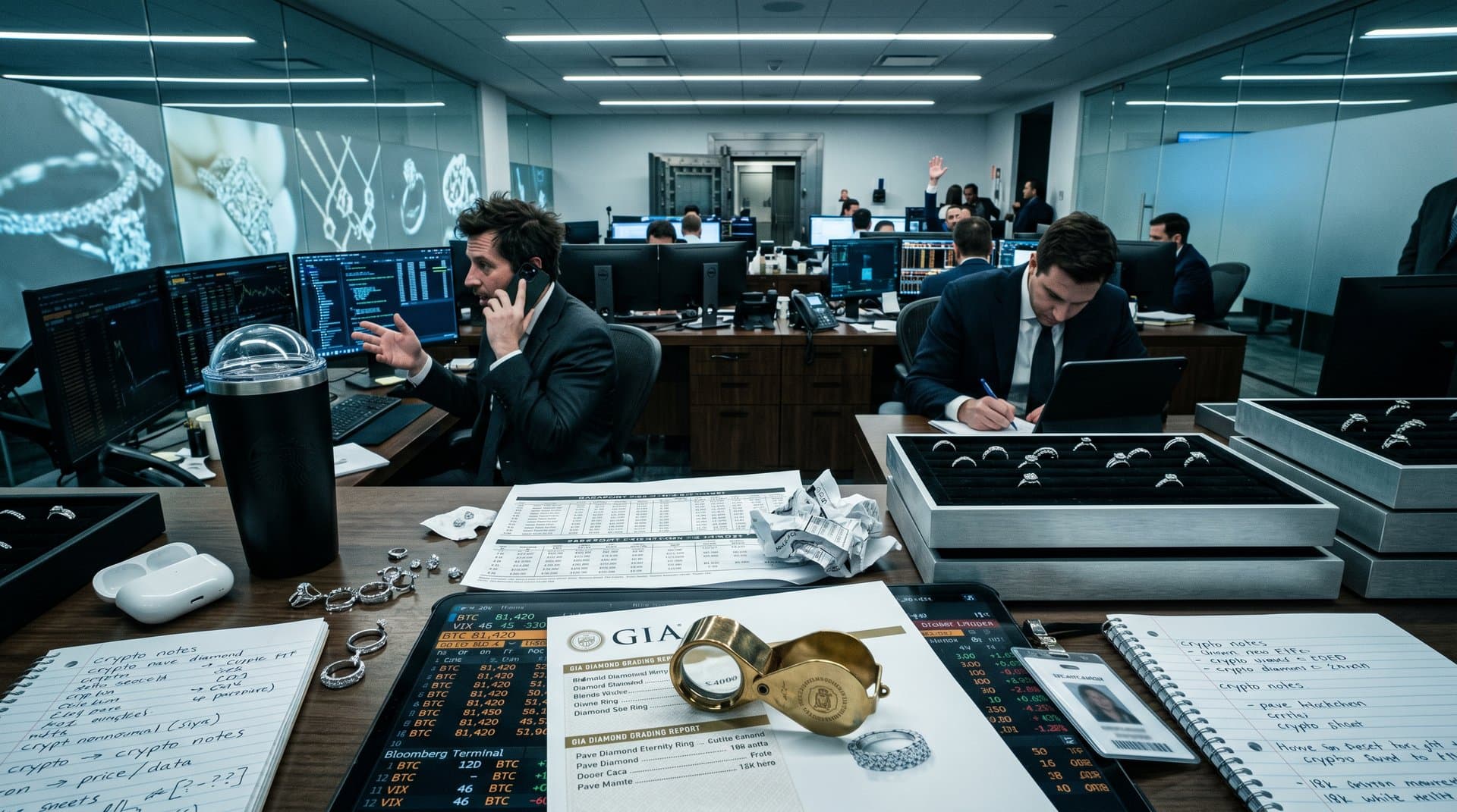 Jewelry traders analyze crypto charts and GIA reports on luxury rings amid market fear