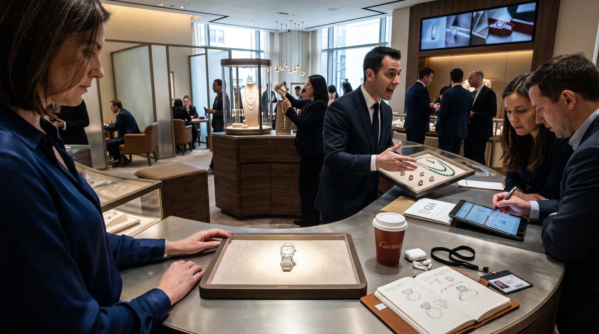 Pavé diamond watch on velvet tray in Cartier boutique with gem displays, GIA tablets, crypto screens under spotlights