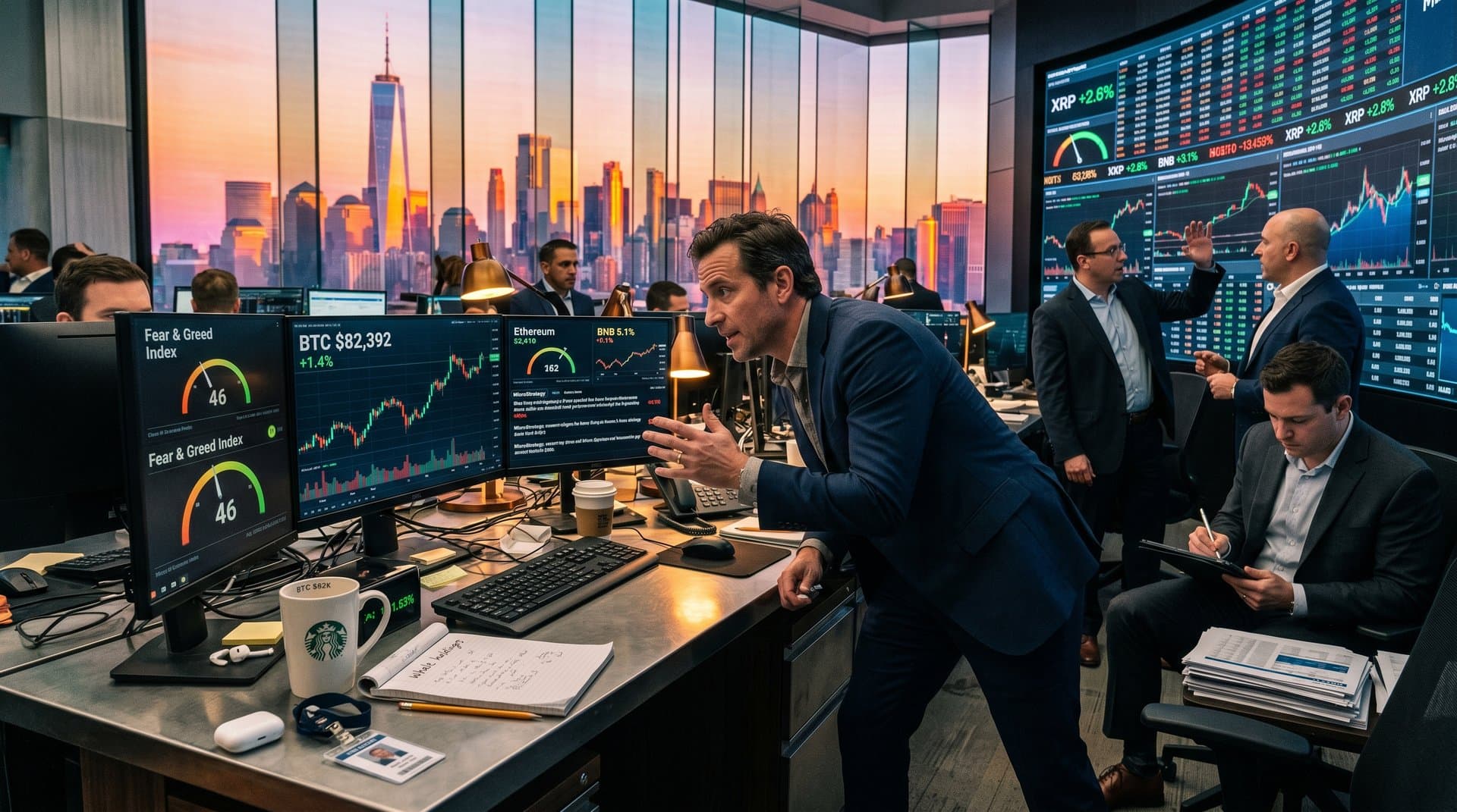 Luxury trading desk with BTC $82K charts, Fear & Greed 46 reports, and premium earrings like Van Cleef clovers, Cartier Love, Graff diamonds amid city skyline