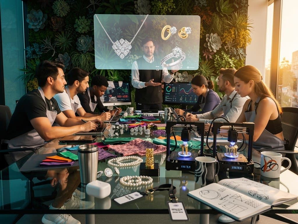 Allbirds studio team views AI jewelry designs and crypto charts amid 3D printers and sustainable materials