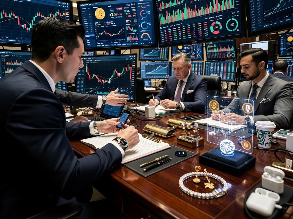 Trading floor monitors display BTC at $74,657, Fear & Greed Index at 23, crypto charts in luxury finance atmosphere