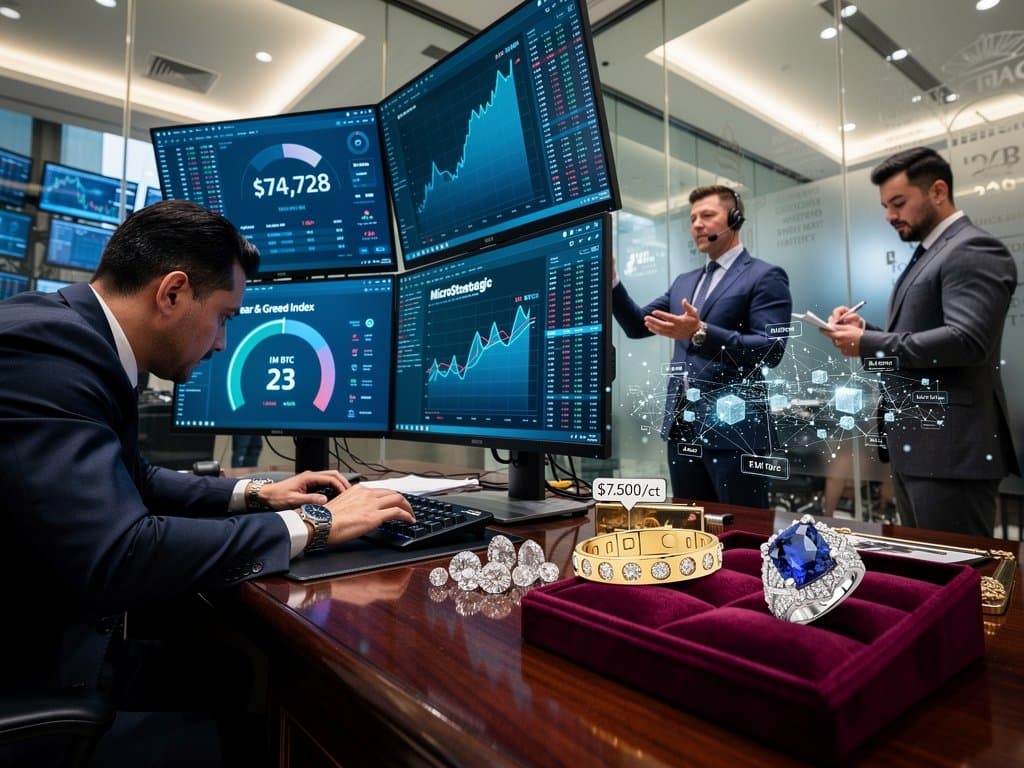 Trading screens display MicroStrategy 1M BTC progress at $74,728, Fear & Greed 23, alongside 18k gold jewelry and lab diamonds on luxury finance desk