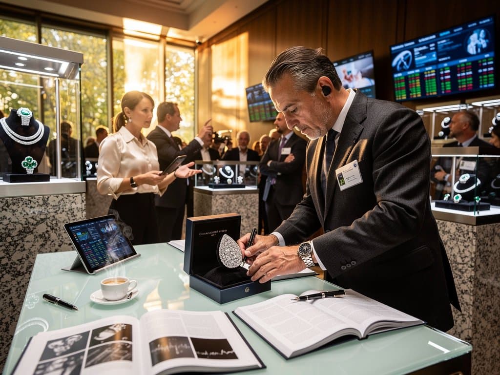 Jewelry display pedestals and crypto tablet charts in illuminated Sotheby's preview room with clients and monitors