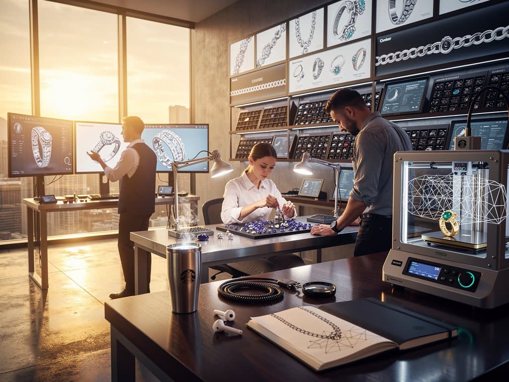AI-powered studio rendering luxury jewelry prototypes including pavé rings, bezel necklaces, and parametric bracelets with 3D printers and gemstone samples