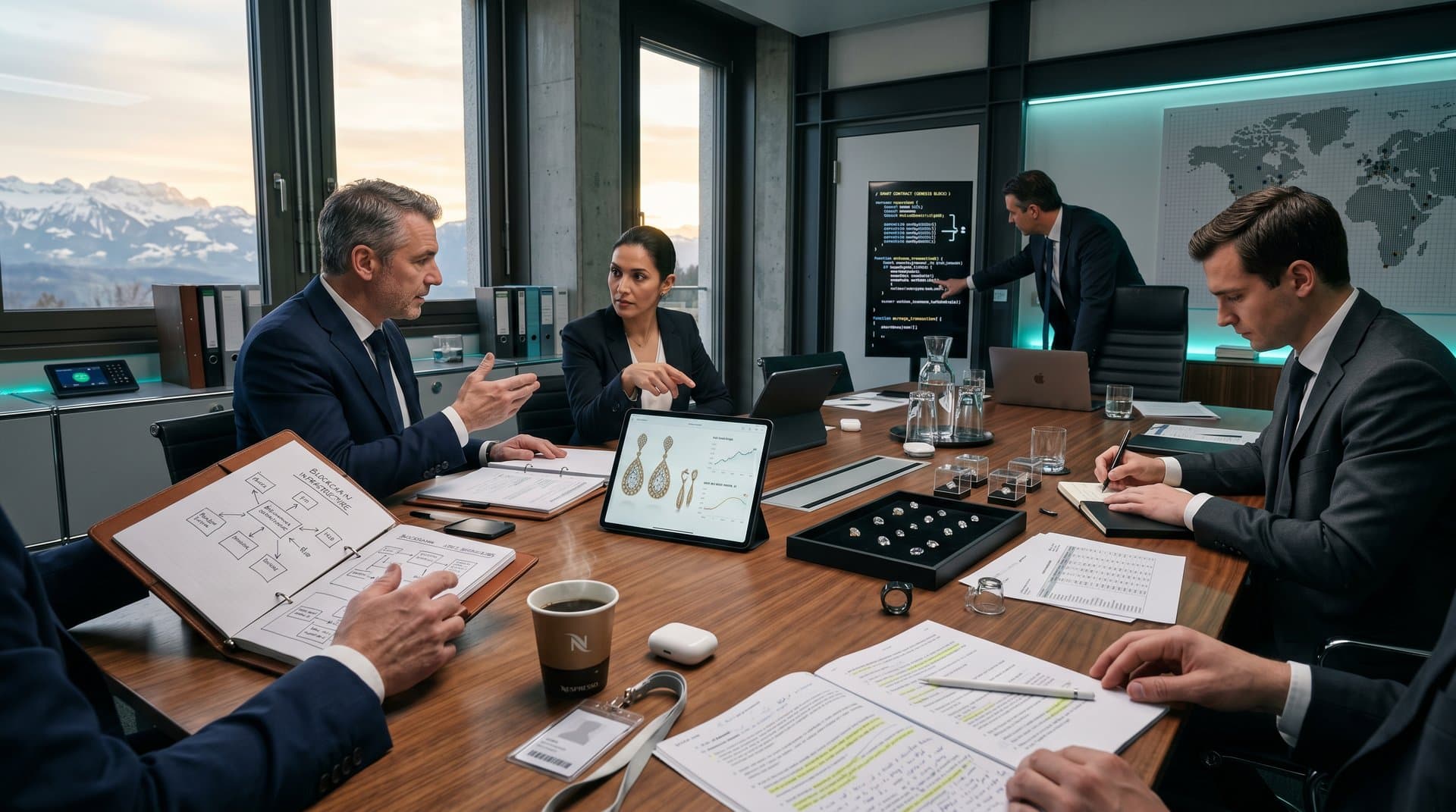Boardroom table with blockchain diagrams, NFT earrings renders, crypto tickers at $74K, Fear 23, and diamond models amid alpine Geneva views