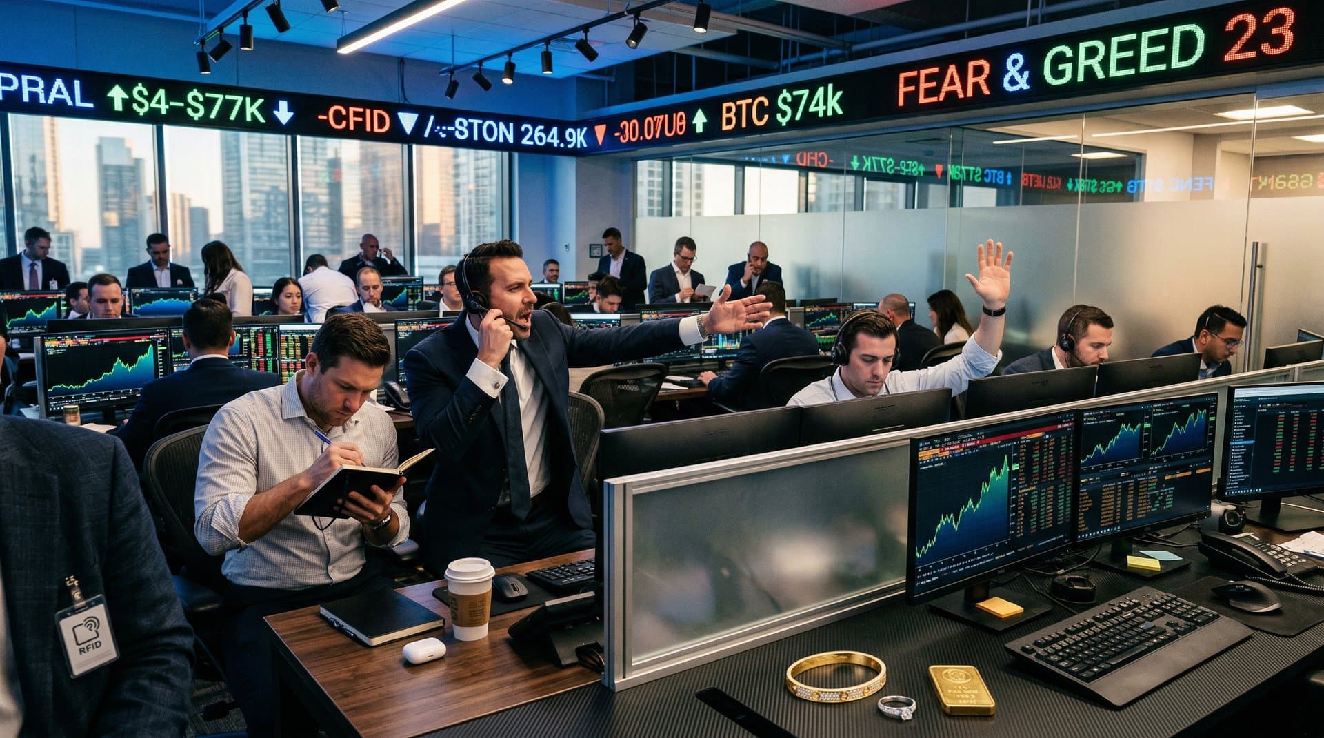 Luxury traders monitor SoundHound AI stock charts, Palantir, Micron, and crypto prices on terminals amid jewelry accents on finance floor