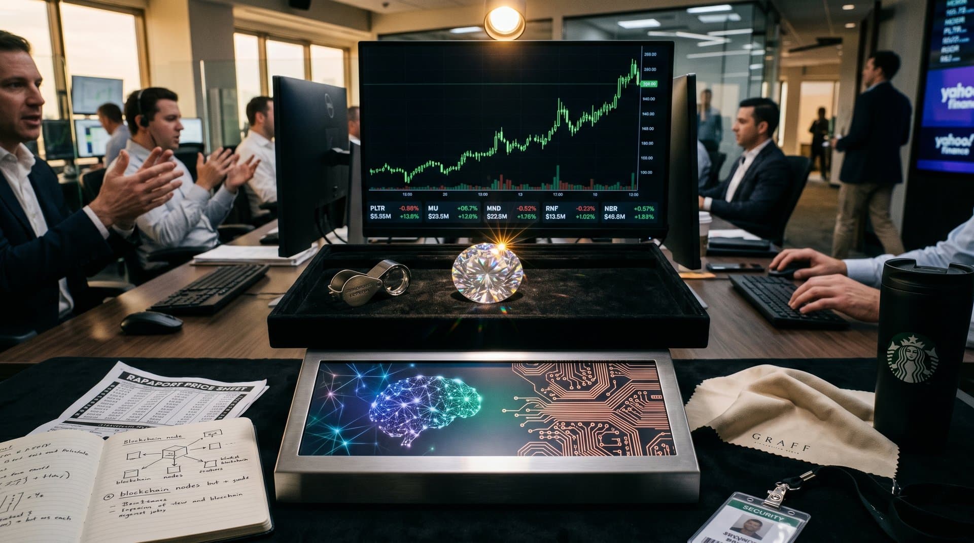 Lab-grown diamond facets forming AI neural networks with rising stock charts on black velvet