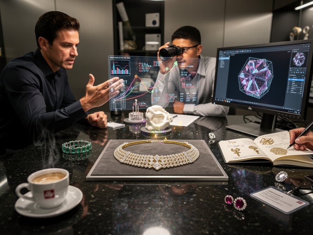 AI-designed diamond necklace with NVIDIA GPU and rising stock charts in luxury tech style