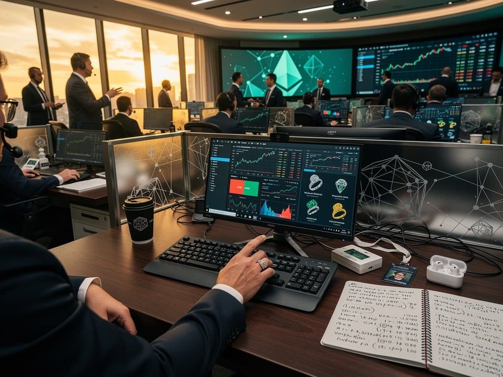 Trader monitors Ethereum price at $2,356.07 and tokenized luxury ring NFTs on finance trading floor with diamond ring detail
