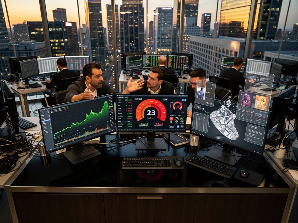 Trading desk screens show Bitcoin price at $75K, tokenized diamond ring model, and Fear Index amid luxury finance elements