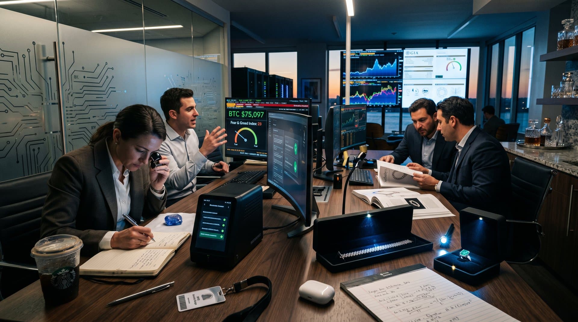 Trading suite with jewelry cases, Bitcoin price charts at $75,097, blockchain scanners, and GIA gem visuals amid luxury catalogs