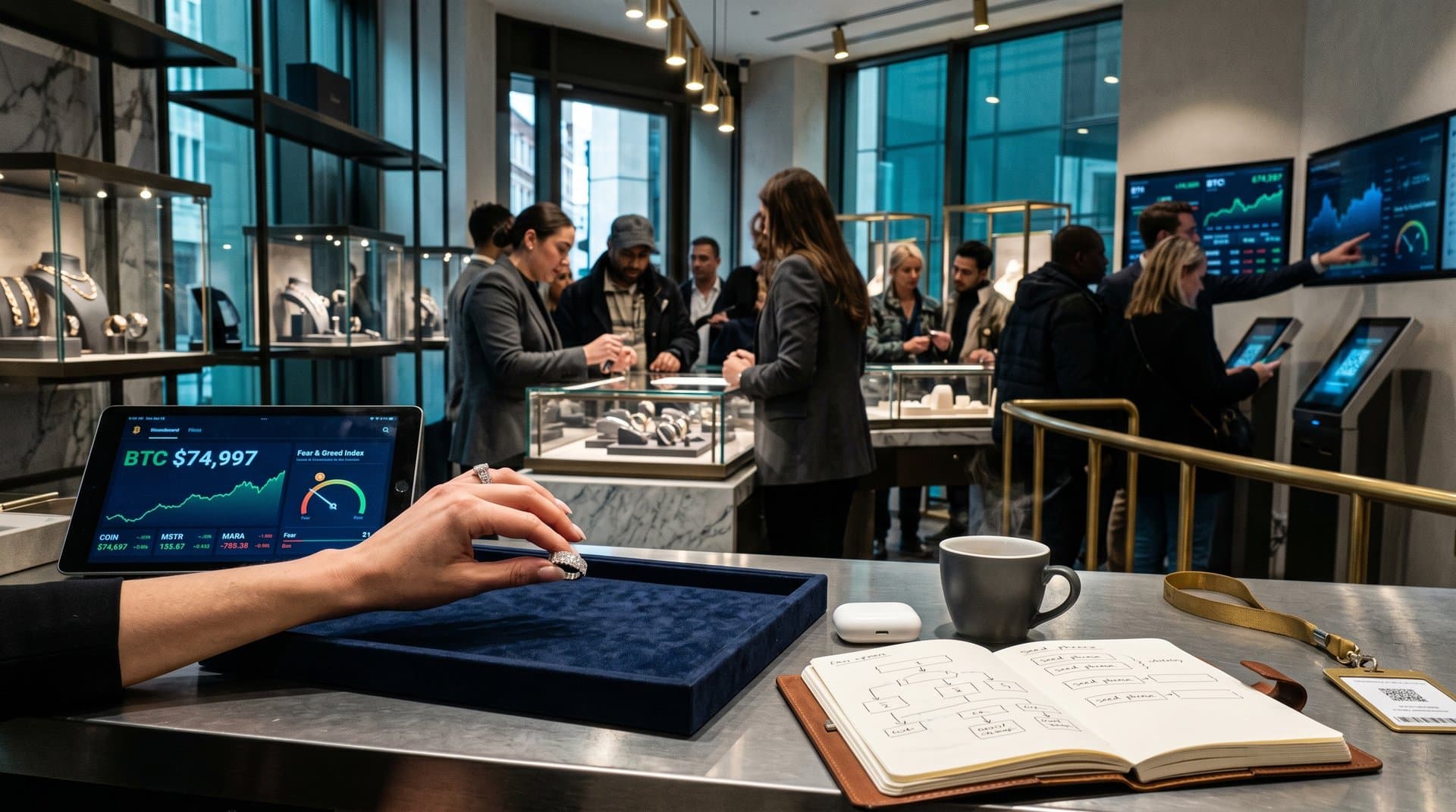 Hand models pavé diamond eternity band beside BTC $75K chart and Motley Fool crypto stocks in luxury jewelry boutique with blockchain tech