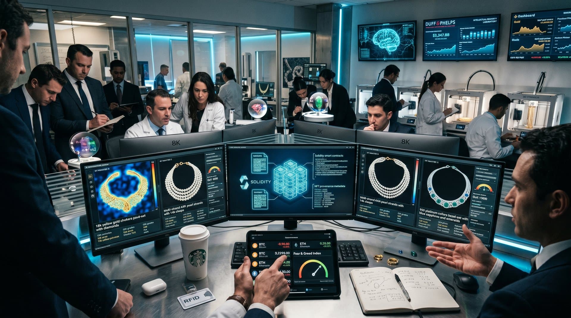 AI heatmaps of luxury necklace trademarks on monitors with blockchain ledgers and $75K BTC charts in tech lab for jewelry IP finance