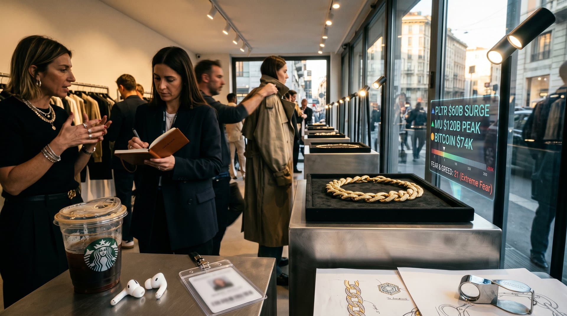 18-karat gold chain with AI stock charts and crypto data overlay on luxury jewelry display