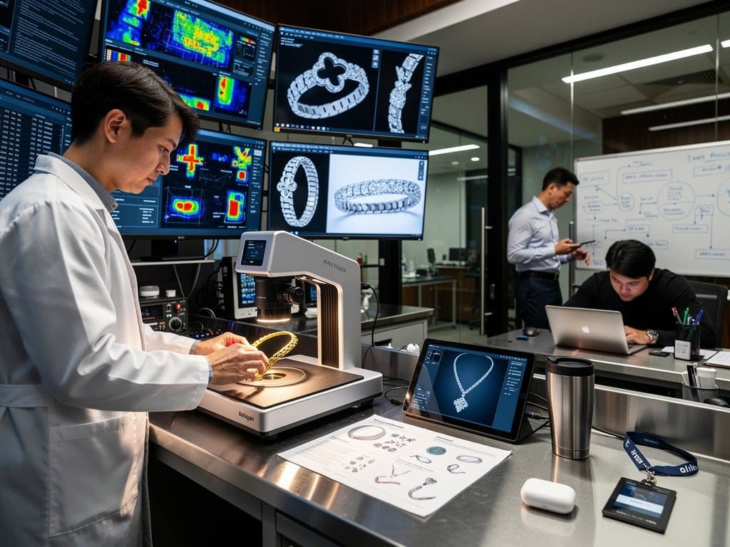 AI lab analyzes luxury jewelry trademarks on screens with prototypes, models, and tech setups in innovative workspace