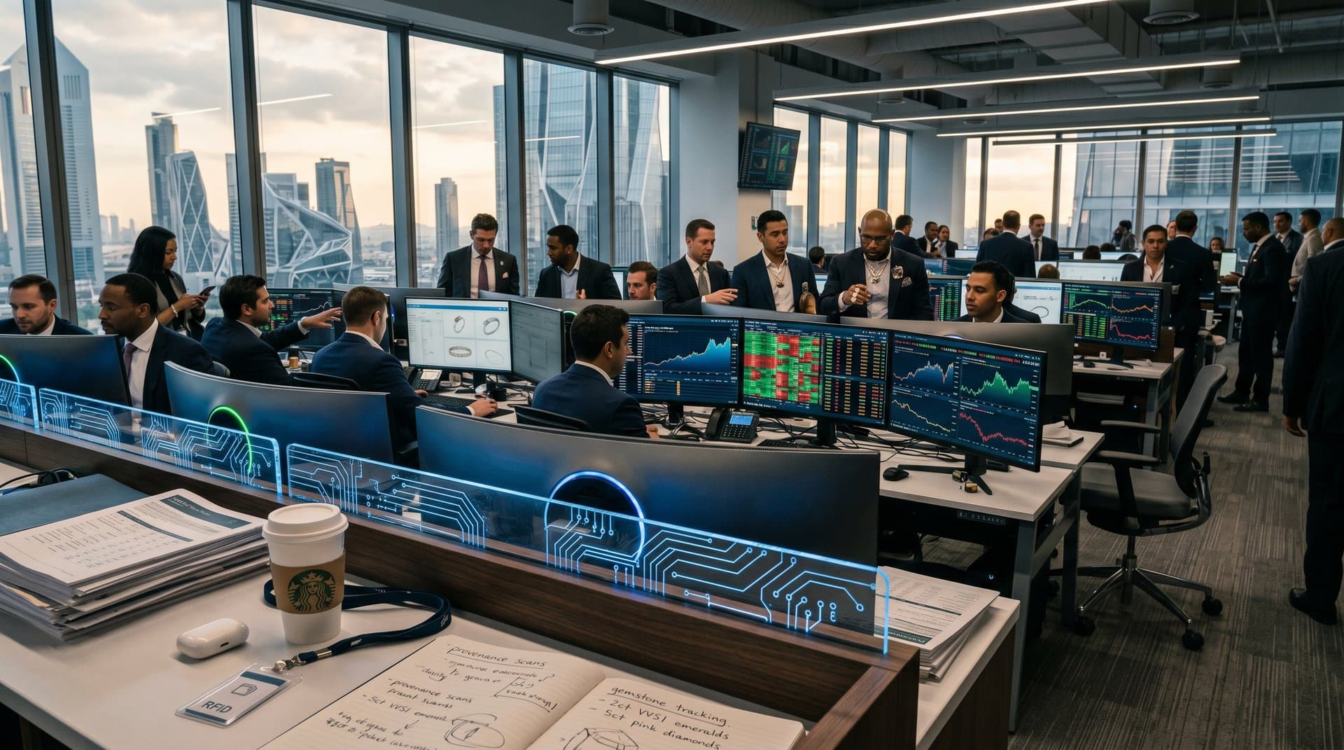 Analysts on trading floor review Nvidia AI stocks, crypto charts, and jewelry tokenization amid luxury tech accessories