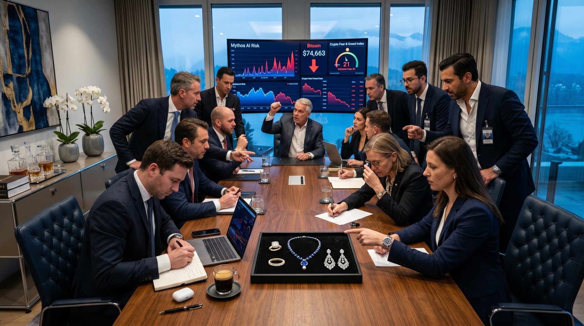 Boardroom screens show Mythos AI warnings, BTC price at $74,663 USD, Fear & Greed at 21 next to luxury bridal jewelry sets including diamond rings and sapphire pieces