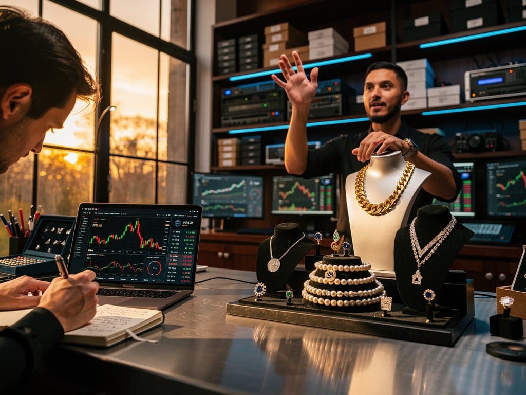 Luxury gold and diamond necklaces beside Schwab crypto trading screen with BTC at $74K charts and Fear & Greed Index