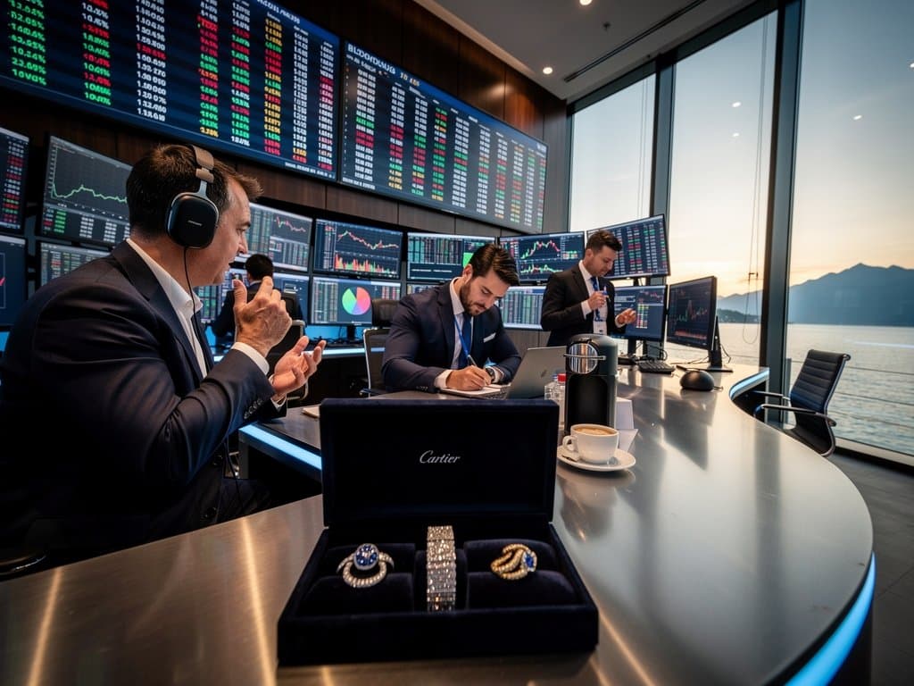 Trading desk shows top cryptocurrencies April 2026 charts with BTC $75K beside Cartier Bulgari luxury jewelry