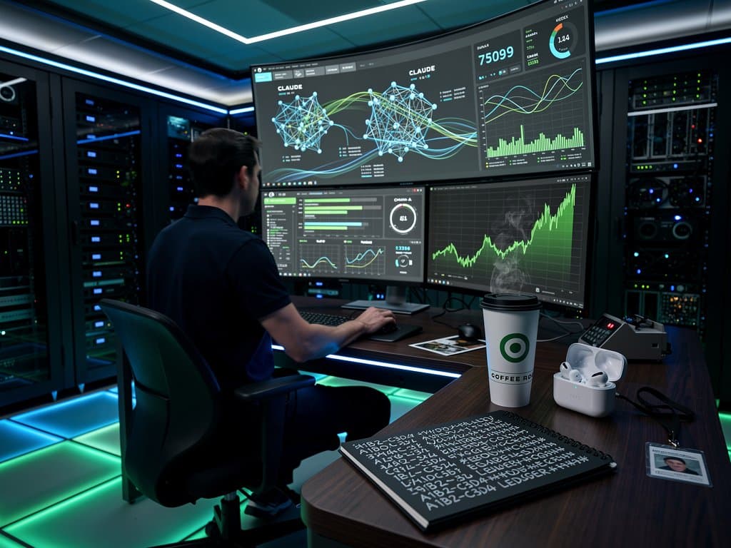 Engineer at data center workstation with Anthropic AI dashboards, Mythos blockchain graphs, and crypto monitors amid server racks and technicians