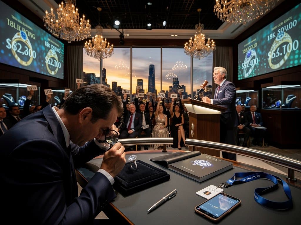 Sotheby's auction with jewelry bids on screens, Amazon reflection on phone amid diamond displays