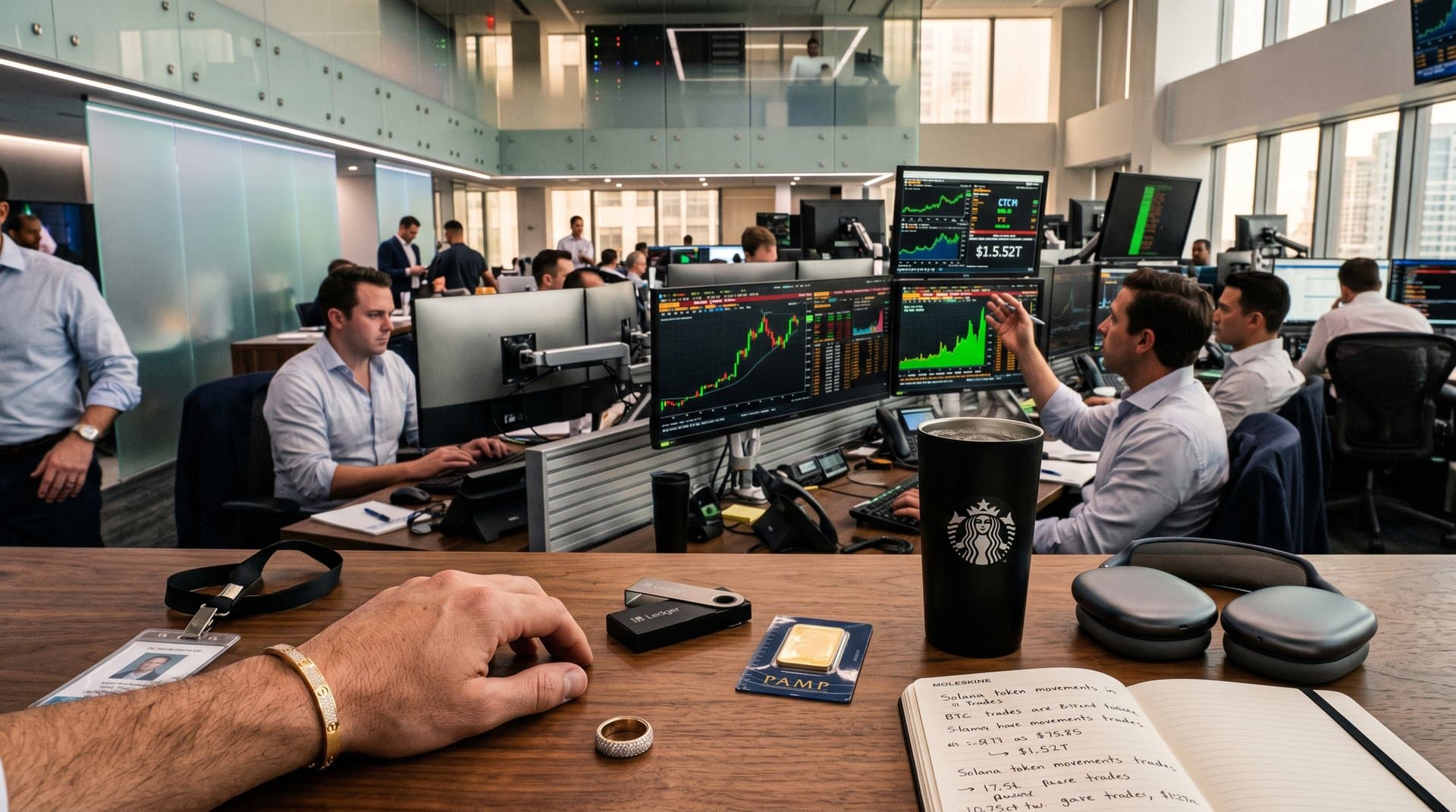 Trading floor with Bloomberg terminals showing Bitcoin at $75,815; desks feature 18k gold Cartier bracelet, diamond ring amid crypto charts and jewelry catalogs
