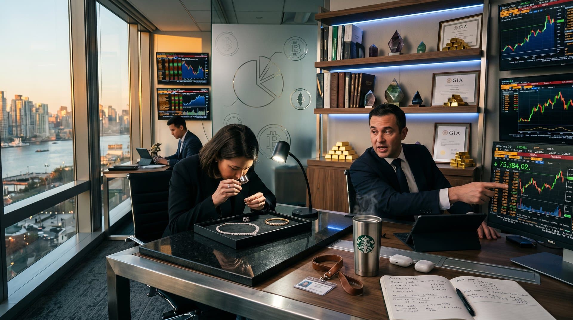 Modern suite with Bloomberg terminal showing BTC at $75k, jewelry case with diamond necklace and gold bracelet, asset charts on glass partition