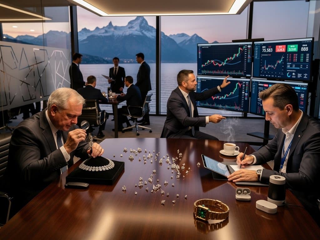 Luxury boardroom table with crypto charts on screens, diamond necklace case, Cartier watch, and Lake Geneva view