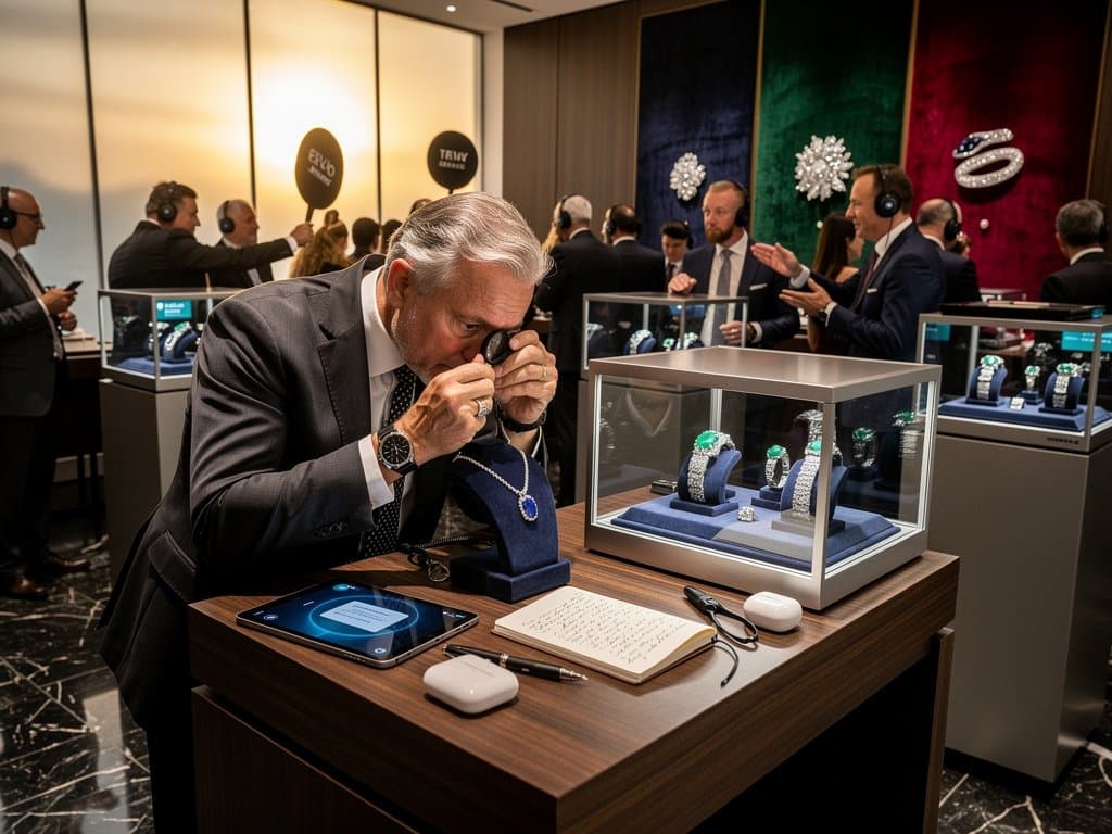 Crypto investor examines Kashmir sapphire necklace amid jewelry displays and blockchain screens in Christie's Geneva salon