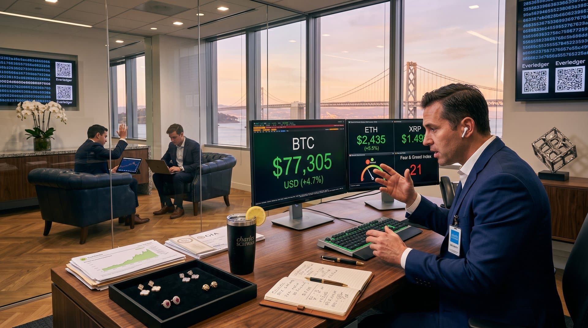 Bloomberg terminal shows BTC $77,305 in Schwab suite with luxury earrings on desk