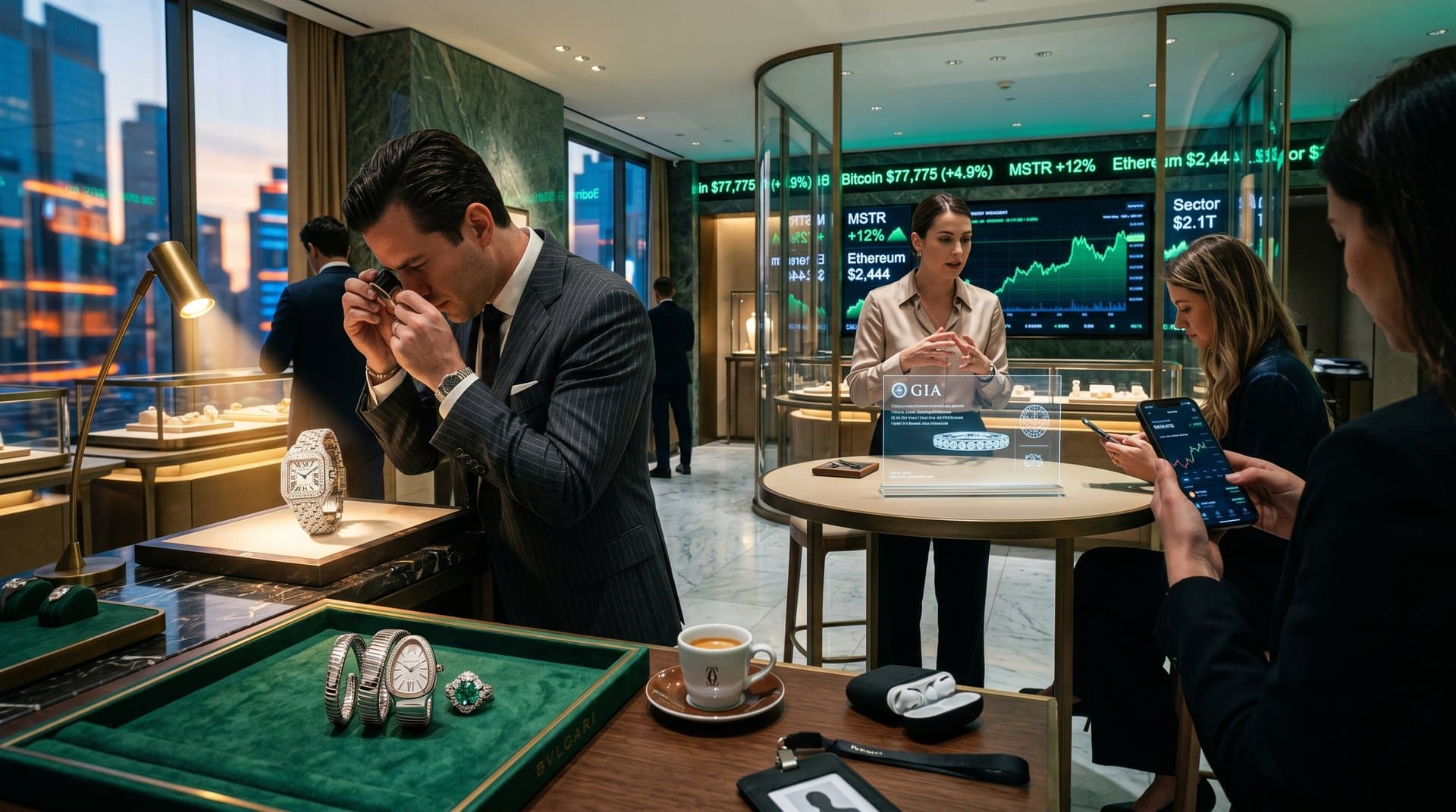 Luxury jewelry display with crypto charts showing Bitcoin $77,775 and MSTR +12% rally