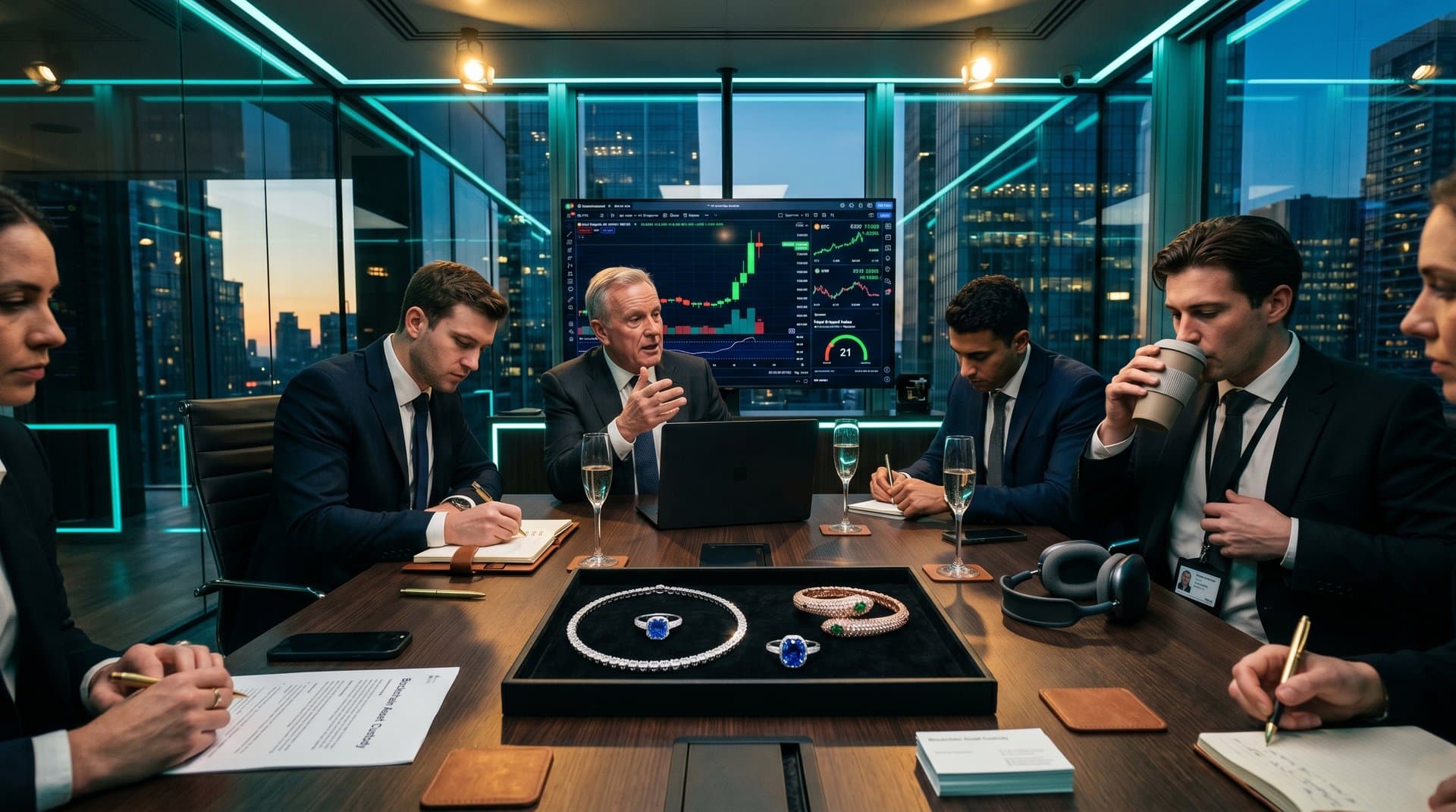 Fine jewelry display with pavé diamonds and sapphires next to laptop showing Bitcoin $77k rally and MSTR 12% surge in luxury office setting