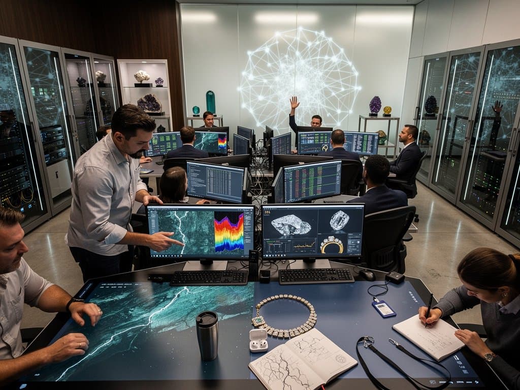 AI geological heatmaps and jewelry renders in high-tech mining control room