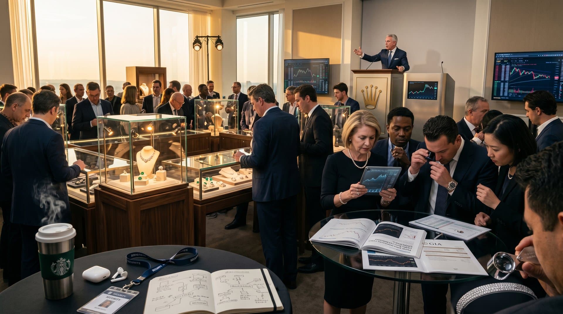 Jewelry loupe examines pavé bracelet near blockchain provenance screens in auction house preview room with collectors and display cases