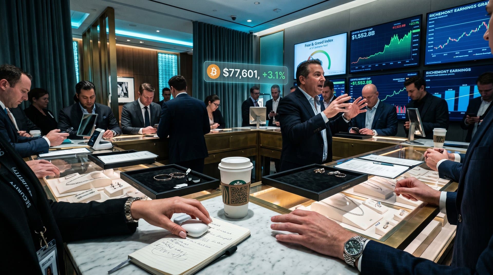 Luxury jewelry display of pavé diamonds and 18k gold pieces with overlaid Bitcoin price at $77,601 and crypto charts in high-end boutique