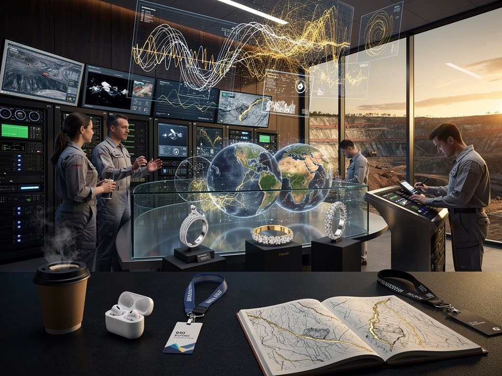 NovaRed Mining AI dashboard mapping gold-platinum deposits with luxury 950 platinum and 18k gold jewelry elements